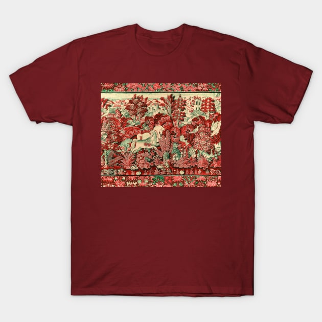 FANTASTIC ANIMALS AND HORSES IN WOODLAND Red White Green Antique French Tapestry T-Shirt by BulganLumini